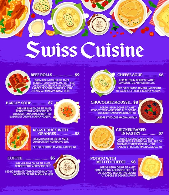 Zwitserse restaurant keuken menu pagina vector sjabloon
