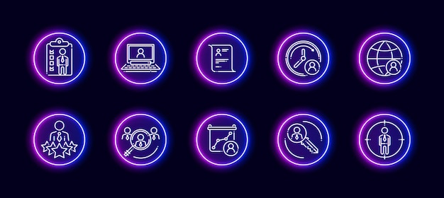 10 in 1 vector icons set related to human resources theme. Lineart vector icons in neon glow style isolated on background.