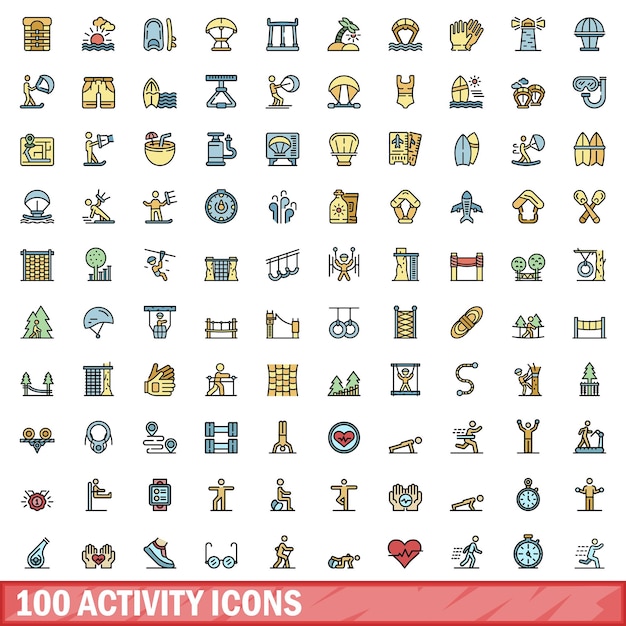 100 activity icons set Color line set of activity vector icons thin line color flat on white