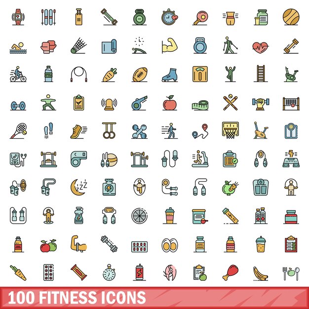 100 fitness icons set Color line set of fitness vector icons thin line color flat on white