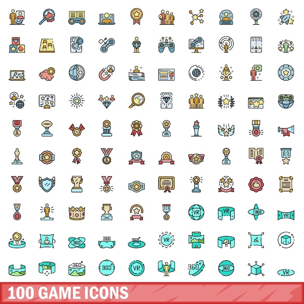 100 game icons set Color line set of game vector icons thin line color flat on white