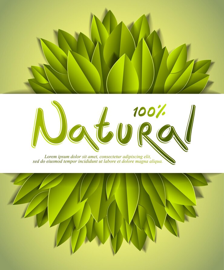 Vektör 100 percent natural card with fresh green leaves, advertising banner, vector design made in paper cut realistic style.