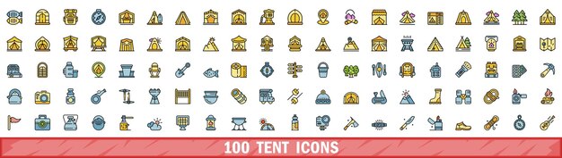 100 tent icons set color line style