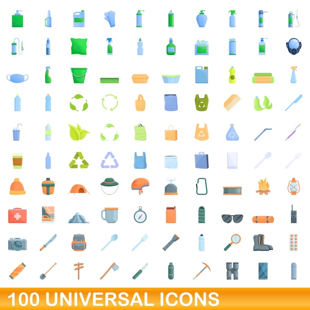 100 universal icons set, cartoon style