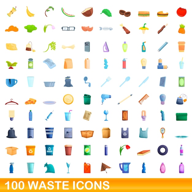 100 waste icons set. Cartoon illustration of 100 waste icons set isolated  