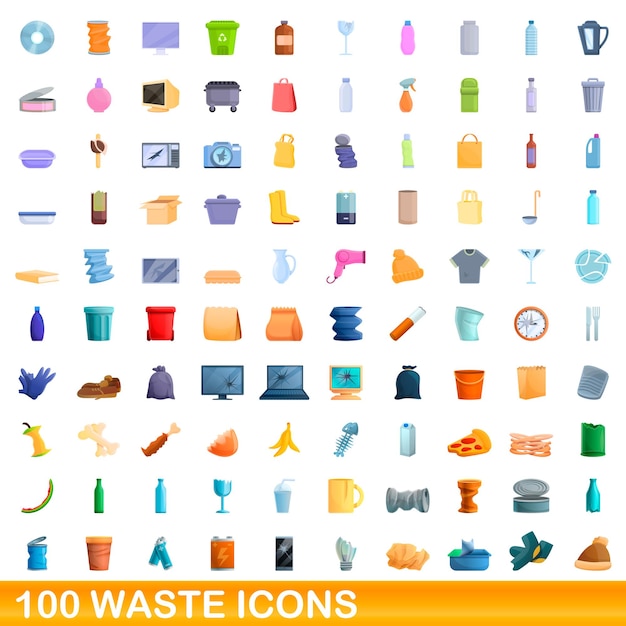 100 waste icons set. Cartoon illustration of 100 waste icons set isolated  