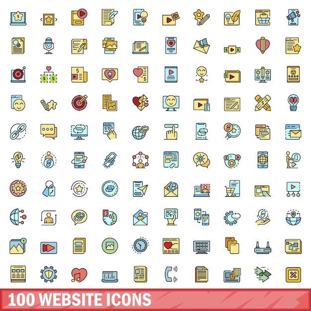 100 website icons set color line style