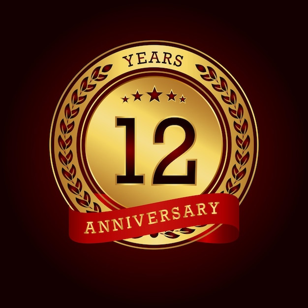 12 years anniversary with a golden circle and red ribbon in a dark red background