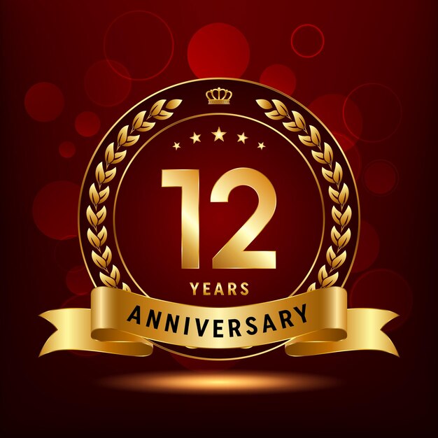 12th anniversary celebration logo design with laurel wreath and golden ribbon Logo Vector Template