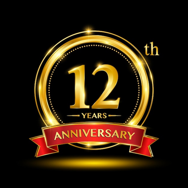 12th anniversary logo with a golden badge style and red ribbon