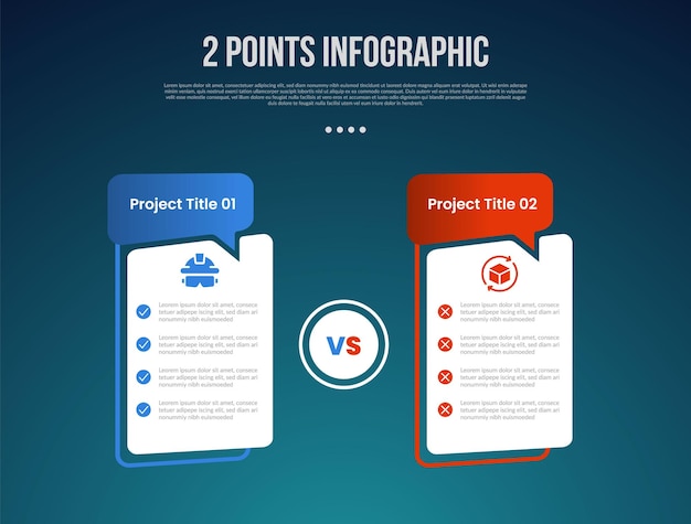 2 or two point template comparison versus things in infographic with creative table box with callout comment header with modern dark style for slide presentation