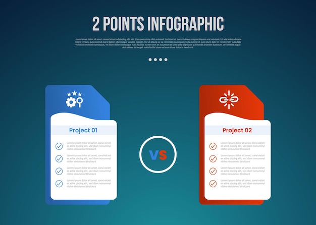 2 or two point template comparison versus things in infographic with creative table box with folder style stack with modern dark style for slide presentation