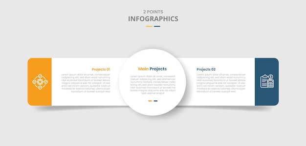 2 points template comparison concept for infographic with big circle center and round rectangle side by side with drop shadow style with two point list information