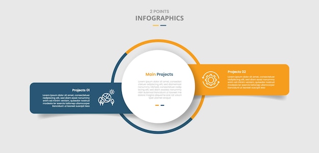 2 points template comparison concept for infographic with big circle center with unbalance box container side by side with drop shadow style with two point list information