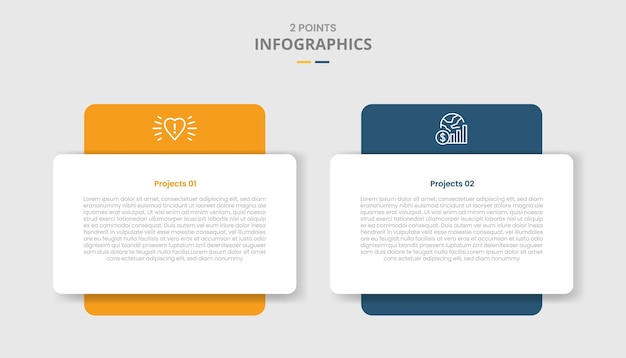 2 points template comparison concept for infographic with round box with big block at behind drop shadow style with two point list information