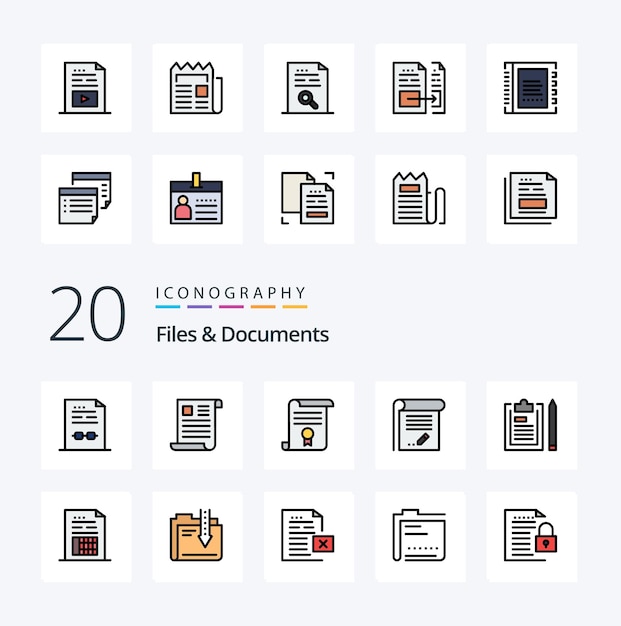 20 Files And Documents Line Filled Color icon Pack like knowledge document office education diploma