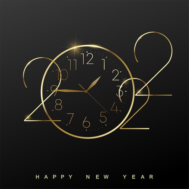 2022 happy new year card with golden watch on black background. vector