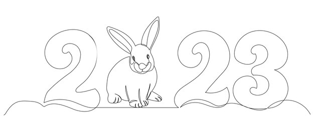 2023 and rabbit one continuous line drawing vector