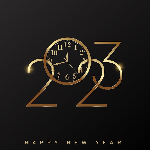 2023 happy new year and merry christmas card with golden clock vector