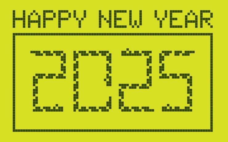 Vektör 2025 happy new year retro poster pixel snake game on green screenx9