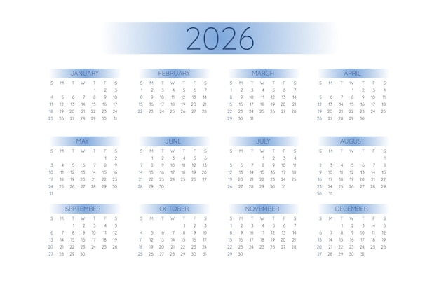 2026 pocket calendar template in strict minimalistic style with blue gradient elements horizontal