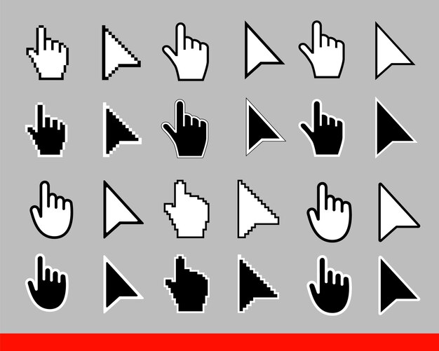 24 White arrow and pointer hand cursor icon set Pixel and modern version of cursors signs