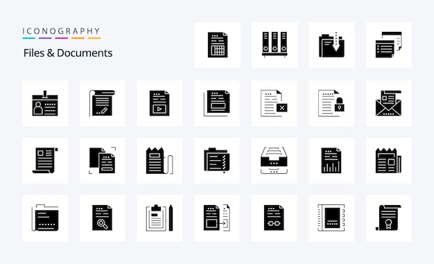 25 Files And Documents Solid Glyph icon pack Vector icons illustration