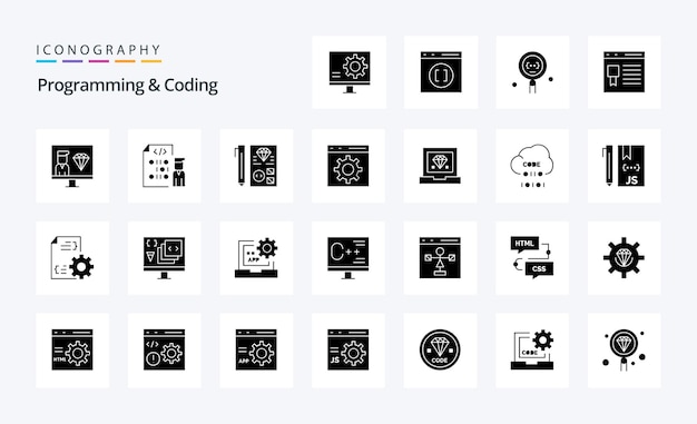 25 Programming And Coding Solid Glyph icon pack
