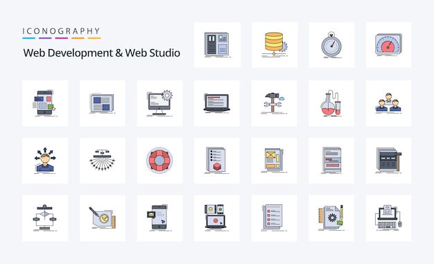 25 Webbutveckling och webbstudio Linjär ifylld stil, ikonpack, vektor, ikonografi, illustration