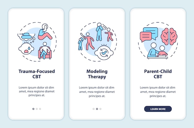 2D icons representing behavioral therapy mobile app screen set Walkthrough 3 steps colorful graphic instructions with line icons concept UI UX GUI template