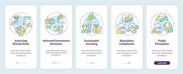 2D icons representing climate metrics mobile app screen set Walkthrough 5 steps multicolor graphic instructions with linear icons concept UI UX GUI template