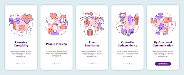 2D icons representing codependent relationship mobile app screen set Walkthrough 5 steps multicolor graphic instructions with thin line icons concept UI UX GUI template