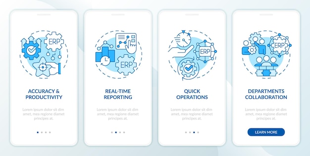 2D icons representing enterprise resource planning mobile app screen set Walkthrough 4 steps blue graphic instructions with thin line icons concept UI UX GUI template
