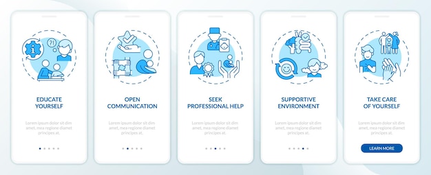 2D icons representing parenting children thin line mobile app screen set Walkthrough 5 steps blue graphic instructions with thin line icons concept UI UX GUI template