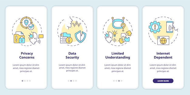 2D icons representing voice assistant mobile app screen set Walkthrough 4 steps colorful graphic instructions with thin line icons concept UI UX GUI template