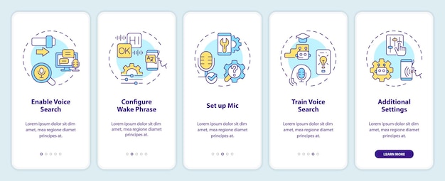 2D icons representing voice assistant mobile app screen set Walkthrough 5 steps colorful graphic instructions with linear icons concept UI UX GUI template