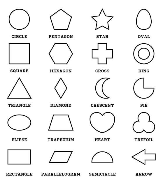 2d outline shapes set with vocabulary in english with their name clip art collection for child learning geometric shapes flash card of preschool kids simple symbol geometric shapes for kindergarten