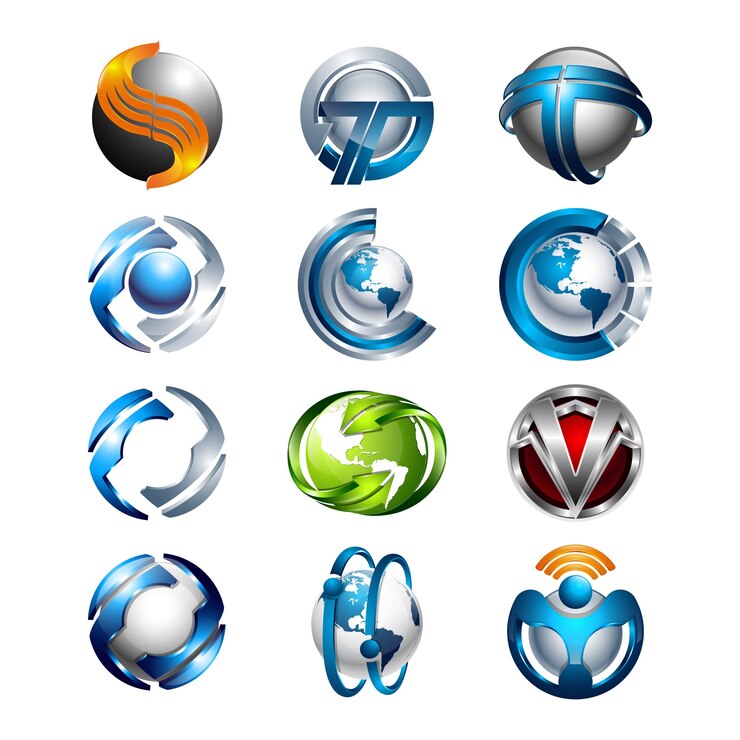 3 boyutlu set soyut yuvarlak parlak logo küreleri çeşitli