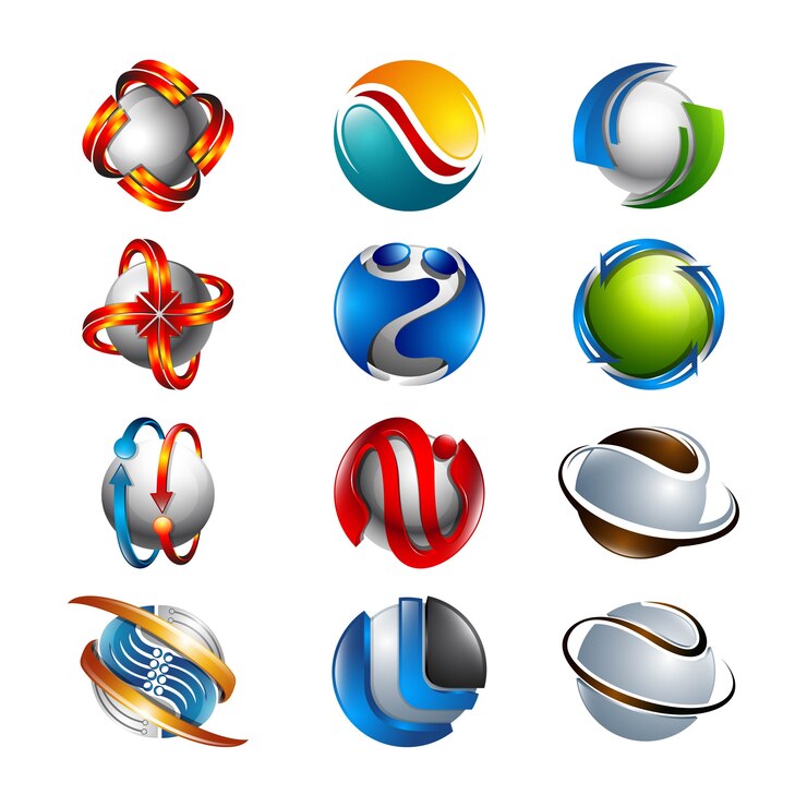 3 boyutlu set soyut yuvarlak parlak logo küreleri çeşitli