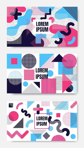 3 Geometric square background with geometric line shapes pattern with trendy Memphis fashion style