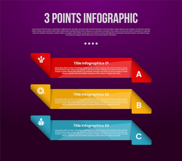 3 points or step process infographic with creative rectangle box with folding edge on vertical stack with modern dark style for slide presentation