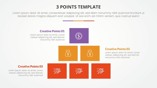 3 points stage template infographic concept for slide presentation with box rectangle pyramid structure with 3 point list with flat style