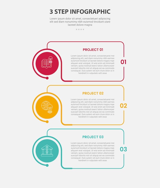 3 points template infographic outline style with 3 point step template with creative box with circle edge on vertical stack layout for slide presentation