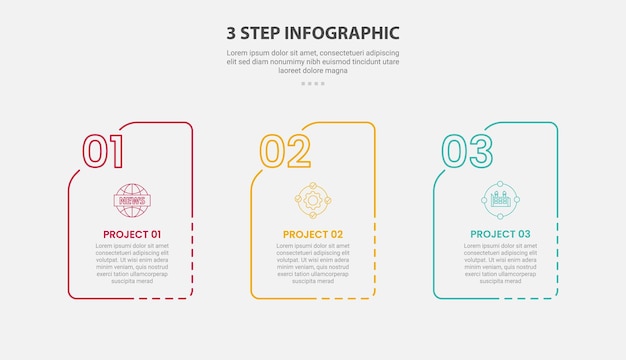 3 points template infographic outline style with 3 point step template with dotted line box container with folder shape for slide presentation
