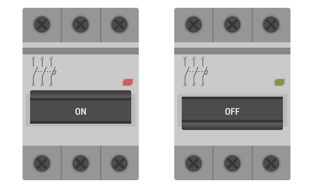 3 pole miniature circuit breaker electrical device for DIN rail mounting Vector image for electric illustrations or control schemas Flat style