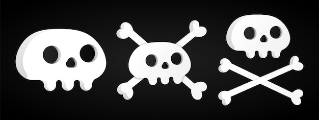 3 Simple flat style design skulls with crossed bones set