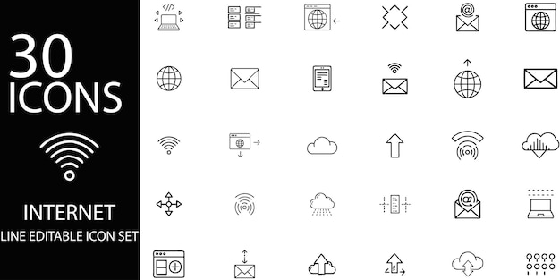 30 Internet Line Editable Icon Set for Web Design and Communication Vector Symbols for Cloud Email