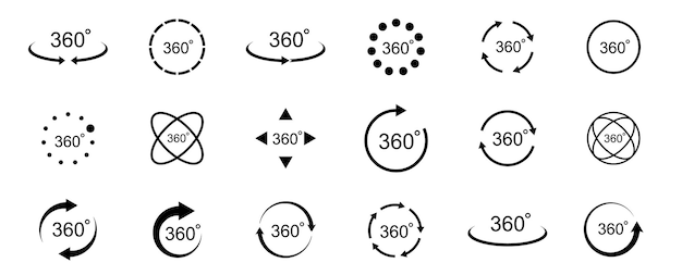 360 degree views Circle icons set Rotate symbol Signs with arrows to indicate the rotation or panoramas to 360 degrees Vector illustration