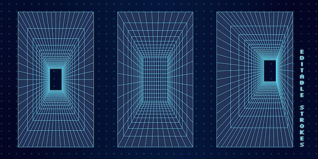 3d abstract grid tunnel shapes with wireframe mesh elements creating a futuristic cyberpunk