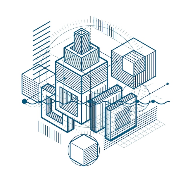 3d abstract vector isometric background. Layout of cubes, hexagons, squares, rectangles and different abstract elements.